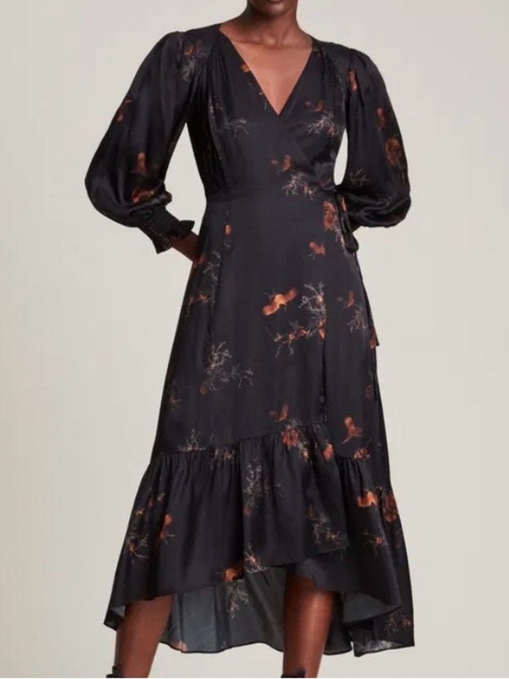 ALL SAINTS ADELAIDE AURORA BLACK WRAP MIDI DRESS BROWN BIRD BRANCHES PRINT SZ 4
